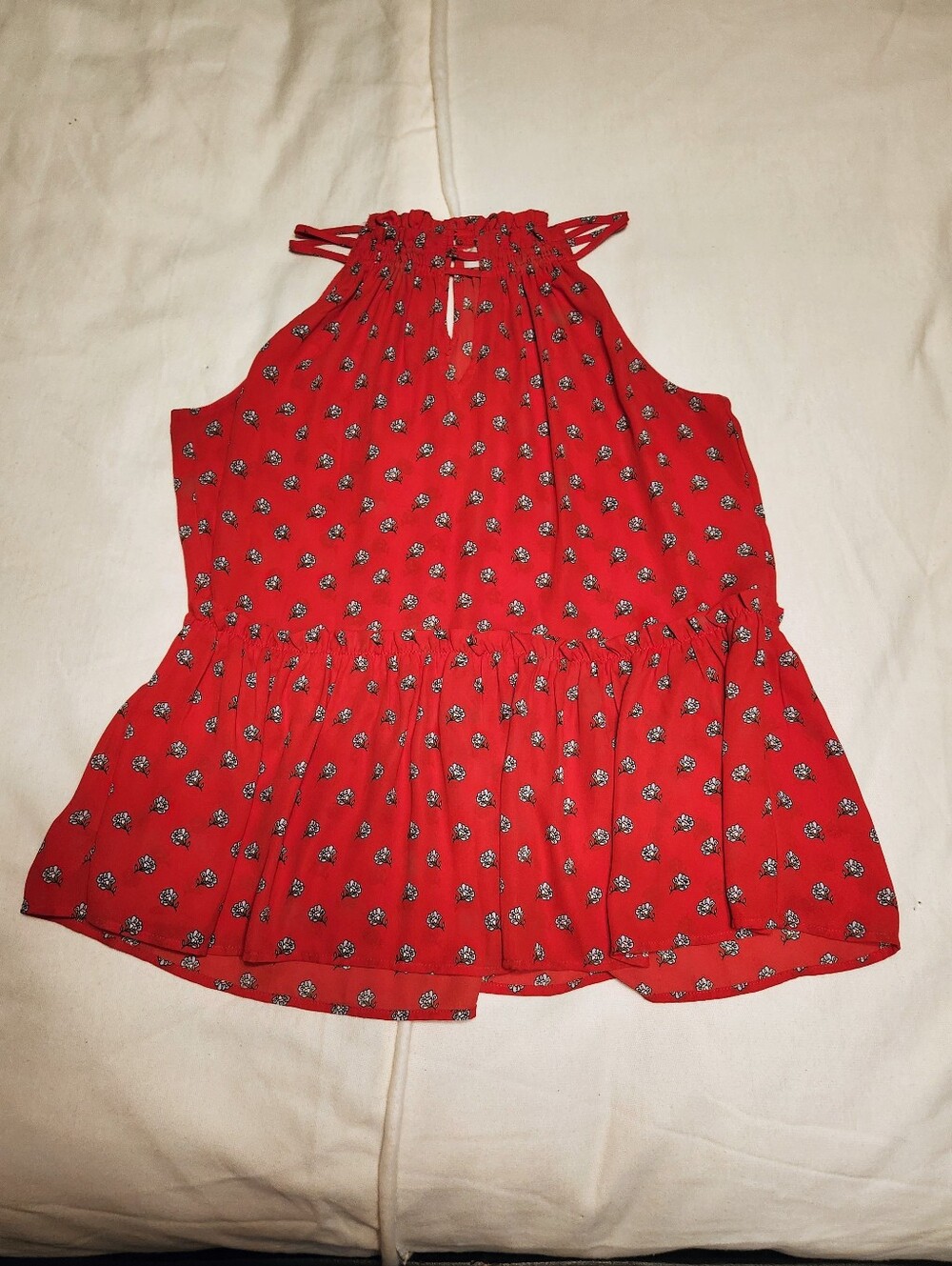 Loft Tiny Floral Shirred Keyhole Halter Sleeveless Red/White Peplum Top Medium - Picture 6 of 8